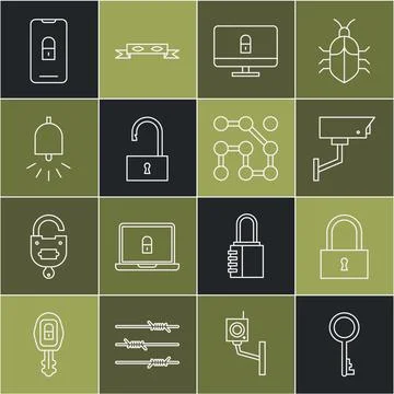 Set line Old key, Lock, Security camera, on computer monitor,  Open padlock.. Stock Illustration