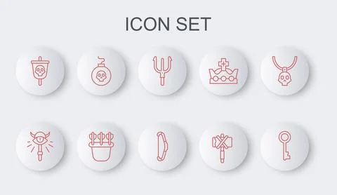 Set line Old key, Magic staff, Neptune Trident, Medieval axe, Pirate flag, .. Stock-Illustration