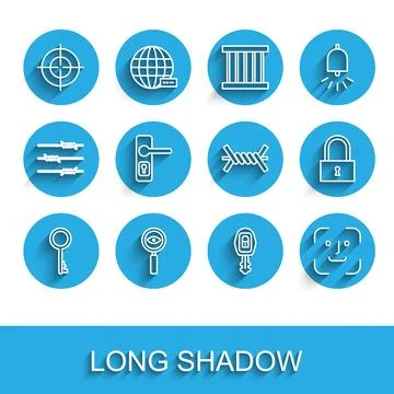 Set line Old key, Magnifying glass Search, Target sport, Car with remote, F.. Stock Illustration
