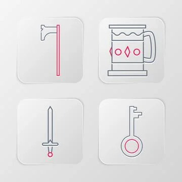 Set line Old key, Medieval sword, Wooden mug and axe icon. Vector Stock Illustration