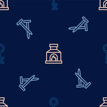 Set line Old key, Metallic nails and Blacksmith oven on seamless pattern. Vector Stock Illustration