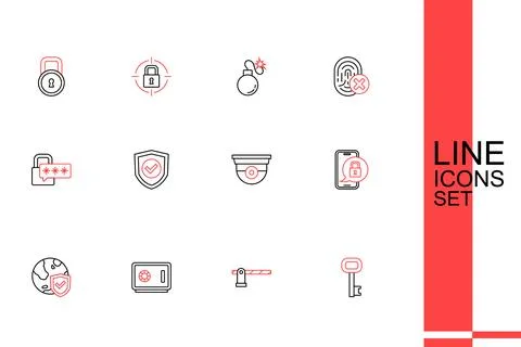 Set line Old key, Parking car barrier, Safe, Shield with world globe, Mobil.. Stock Illustration