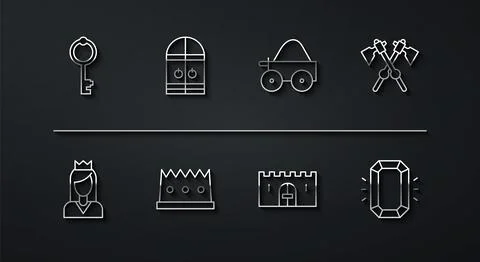 Set line Old key Princess Crossed medieval axes Medieval castle gate King cro Stock Illustration