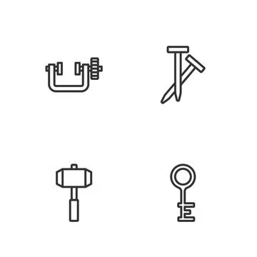 Set line Old key, Sledgehammer, Clamp and screw tool and Metallic nails icon Ilustração Stock