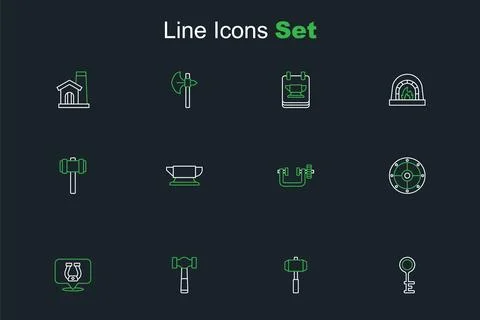 Set line Old key, Sledgehammer, Hammer, Horseshoe, Round shield, Clamp and .. Ilustração Stock
