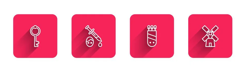 Set line Old key, Sword with blood, Quiver arrows and Windmill with long shadow Stock Illustration