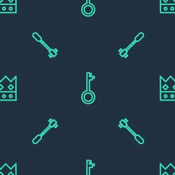 Set line Old key, Torch flame and King crown on seamless pattern. Vector Stockillustratie