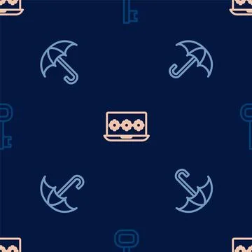 Set line Old key, Umbrella and Laptop with password on seamless pattern. Vect Stock Illustration