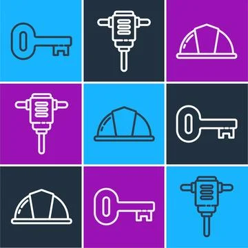 Set line Old key, Worker safety helmet and Electric rotary hammer drill icon Ilustração Stock