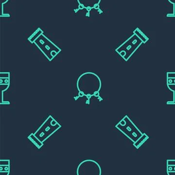 Set line Old keys, Castle tower and Medieval goblet on seamless pattern. Vector Stock Illustration