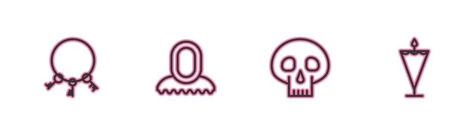 Set line Old keys, Skull, Medieval hood and flag icon. Vector Stock Illustration