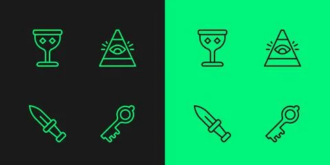 Set line Old magic key, Dagger, Medieval goblet and All-seeing eye of God icon Illustrazione stock