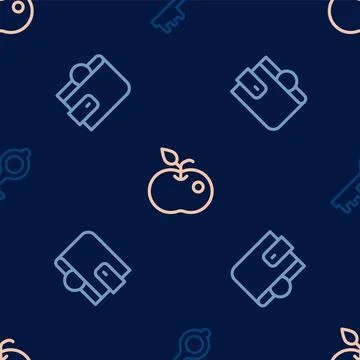 Set line Old magic key, Wallet and Poison apple on seamless pattern. Vector Stock Illustration