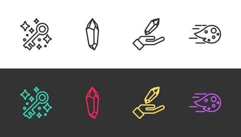 Set line Old magic key, Magic stone, and Fireball on black and white. Vector Stock Illustration