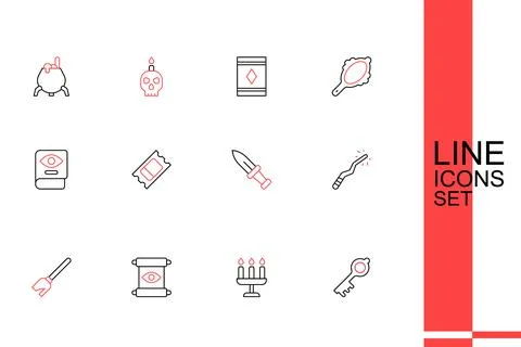 Set line Old magic key, Candlestick, Magic scroll, Witches broom, wand, Dag.. Stock Illustration