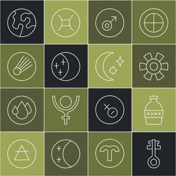 Set line Old magic key, Bottle of water, Sun, Mars symbol, Eclipse the sun,.. 스톡 일러스트