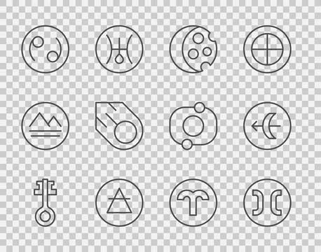 Set line Old magic key Pisces zodiac Eclipse of the sun Air element Cancer Co 스톡 일러스트