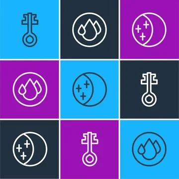 Set line Old magic key, Eclipse of the sun and Water drop icon. Vector 스톡 일러스트