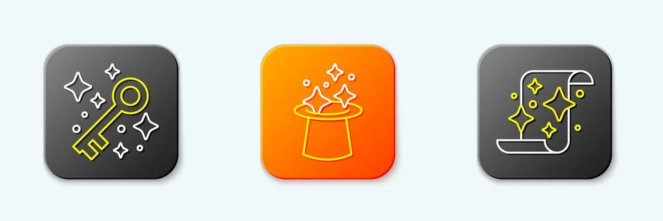 Set line Old magic key, Magic hat and scroll icon. Vector イラスト素材