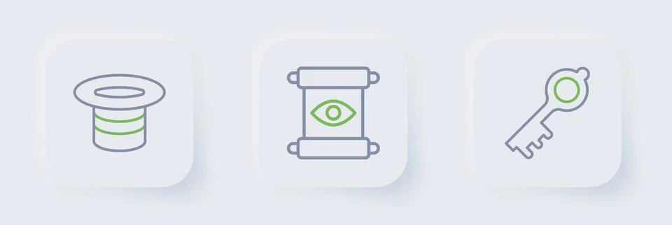 Set line Old magic key, Magic scroll and hat icon. Vector Stockillustratie
