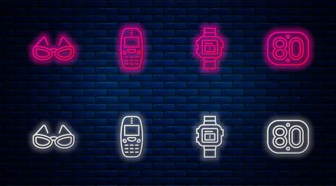 Set line Old mobile phone, Wrist watch, Glasses and 80s Retro. Glowing neon icon Stock Illustration