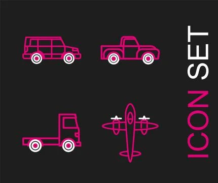 Set line Old retro vintage plane, Delivery cargo truck vehicle, Pickup and .. Stock Illustration