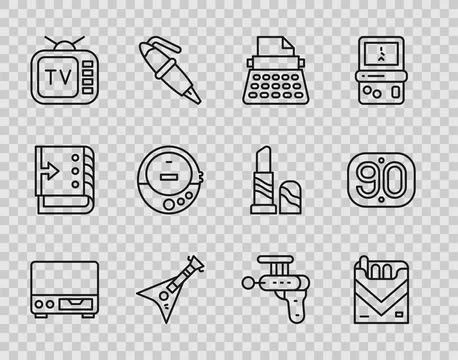 Set line Old video cassette player, Cigarettes pack box, Retro typewriter, .. Stock Illustration