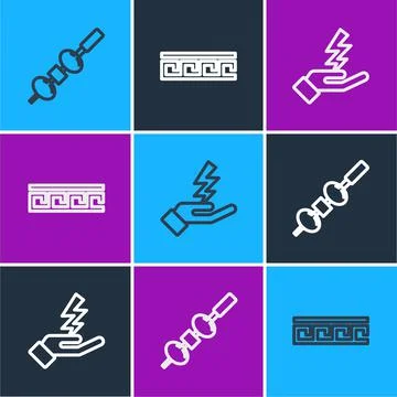 Set line Olive and cheese on chopstick, Zeus and Ancient Greek pattern icon Stock Illustration