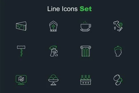 Set line Olives Bottles of wine Ice cream the bowl Flag Italy French man Anci Illustrazione stock