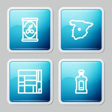 Set line Olives in can, Map of Spain, House Edificio Mirador and Orujo icon Иллюстрация