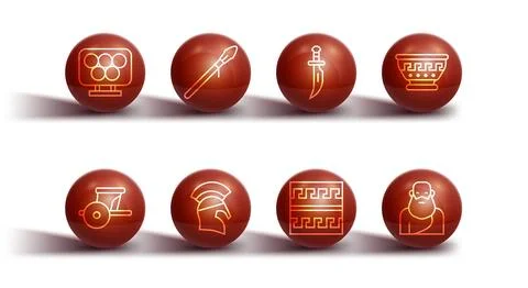 Set line Olympic rings Ancient chariot Greek ancient bowl pattern helmet Medi Illustrazione stock