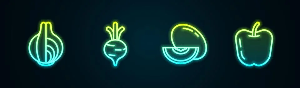 Set line Onion, Beet, Melon fruit and Apple. Glowing neon icon. Vector Stock Illustration