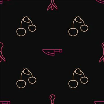 Set line Onion, Cherry and Knife on seamless pattern. Vector Stock Illustration