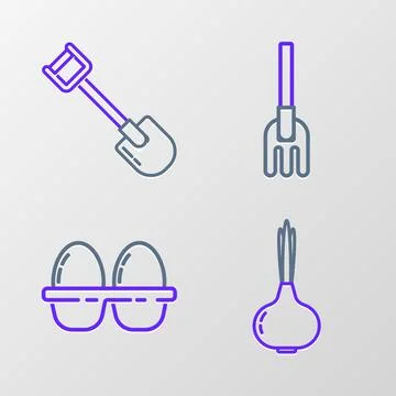 Set line Onion, Chicken egg in box, Garden rake and Shovel icon. Vector Stock Illustration