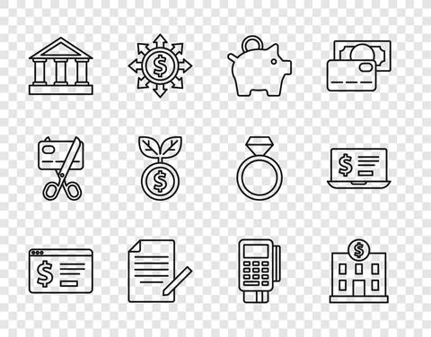 Set line Online banking with dollar, Bank building, Piggy, Document and pen Ilustración de archivo