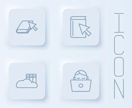 Set line Online book, Cloud or online library and Student working at laptop Illustrazione stock