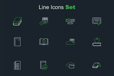Set line Online book, Cloud or online library, Audio, quiz, test, survey, B.. Stock Illustration