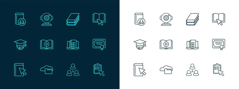Set line Online book, Cloud or online library, quiz, test, survey, class, A.. イラスト素材