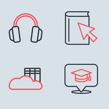 Set line Online book, Cloud or online library, Graduation cap speech bubble.. Illustrazione stock