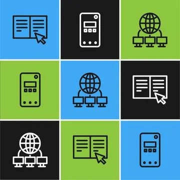 Set line Online book, Computer network and Mobile phone icon. Vector Stock Illustration