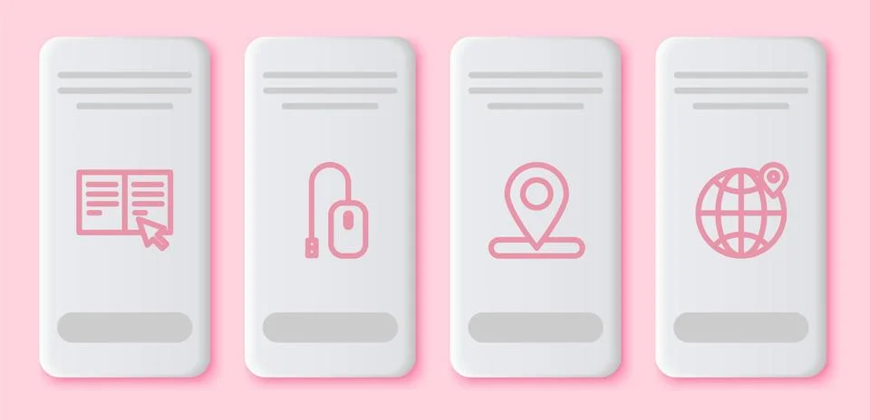 Set line Online book, Computer mouse, Location and the globe. White rectangle イラスト素材