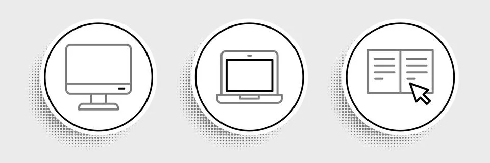 Set line Online book, Computer monitor screen and Laptop icon. Vector 스톡 일러스트