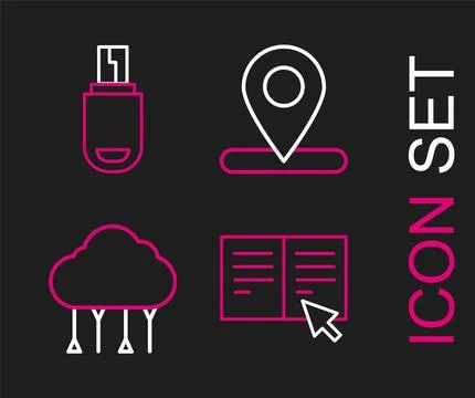 Set line Online book, Network cloud connection, Location and USB flash drive Illustrazione stock