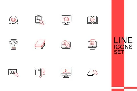Set line Online book, play video, Electronic with mouse, education, quiz, t.. Stock Illustration