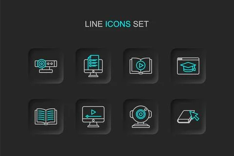 Set line Online book, Web camera, play video, Open, education, Audio, quiz,.. Stock Illustration