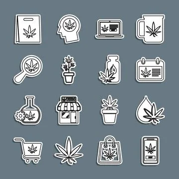 Set line Online buying marijuana, Marijuana or cannabis leaf oil, Calendar .. Ilustración de archivo