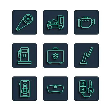 Set line Online car services, Windshield, Car key with remote, Check engine Ilustración de archivo