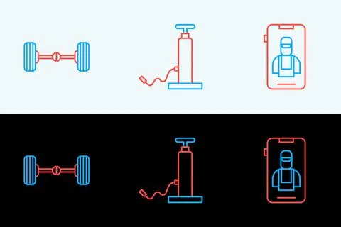 Set line Online car services, Chassis and Car air pump icon. Vector Stock Illustration