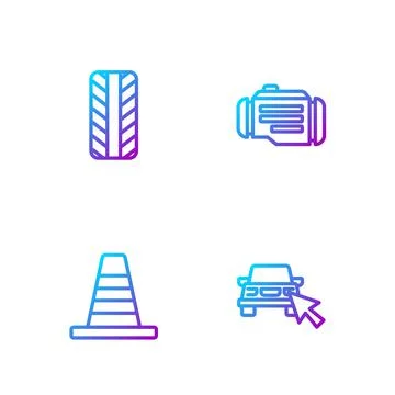 Set line Online car sharing, Traffic cone, Car tire wheel and Check engine Stock Illustration