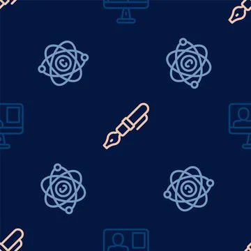 Set line Online class, Atom and Fountain pen nib on seamless pattern. Vector Illustrazione stock